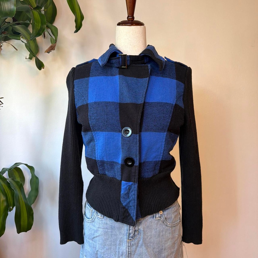 Sweater Project Blue Black Plaid High Collar Buckle Jacket Emo Alt Y2K Large